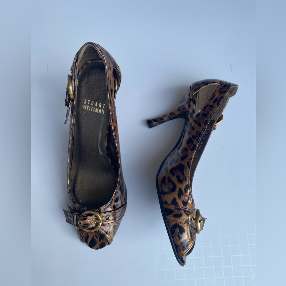 Stuart Weitzman Leopard Print Peep Toe Heels Women’s size 7N Patent Leather - Picture 4 of 15